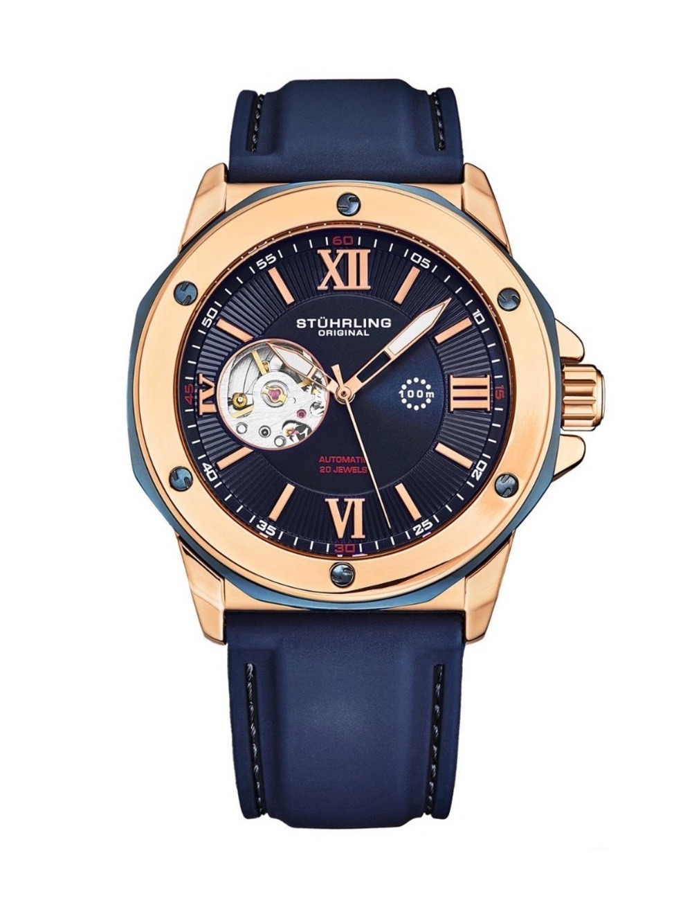 Stuhrling Original Rose Gold Case with Navy Strap Automatic Exhibition Back